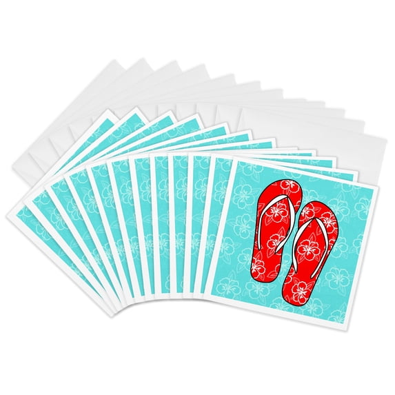 3drose, Cute Flip Flops Red Light Blue - Hawaiian Flower, 12 Greeting Cards with Envelopes