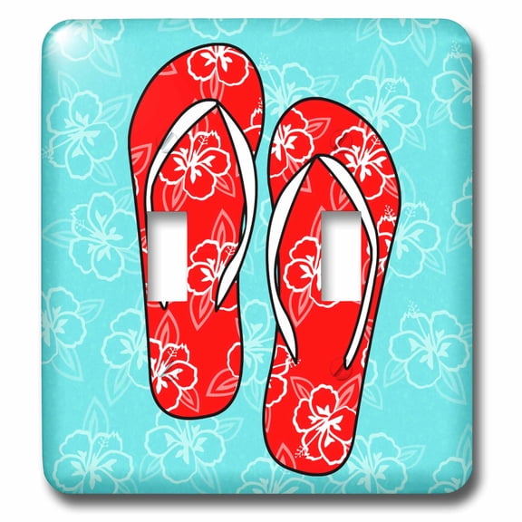3dRose, Cute Flip Flops Red Light Blue - Hawaiian Flower, double toggle switch