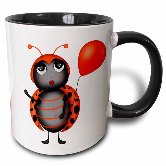 3drose, Cute Flirty Orange and Black Lady Bug with a Balloon Illustration, 15oz Two-tone Black Mug