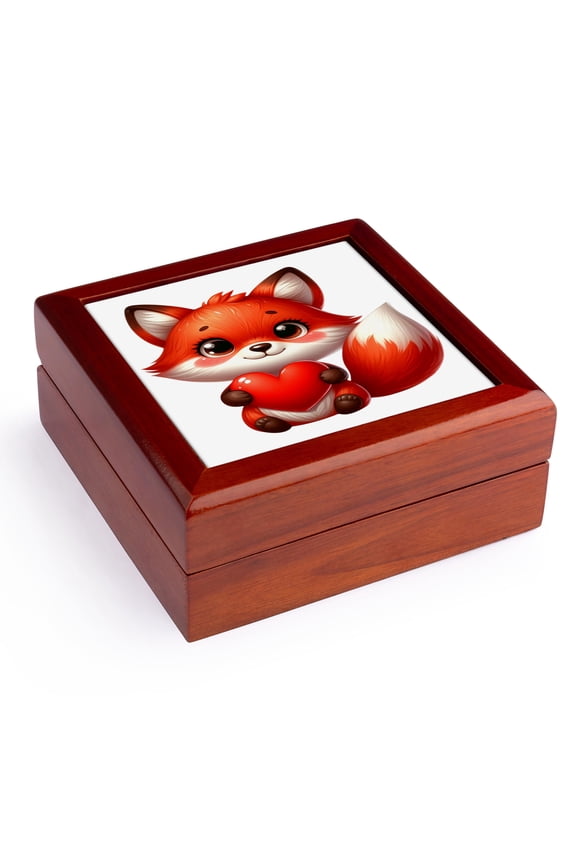 , Cute Fox With A Heart Illustration, Jewelry Box 5.5x5.5 inch with 4 inch tile