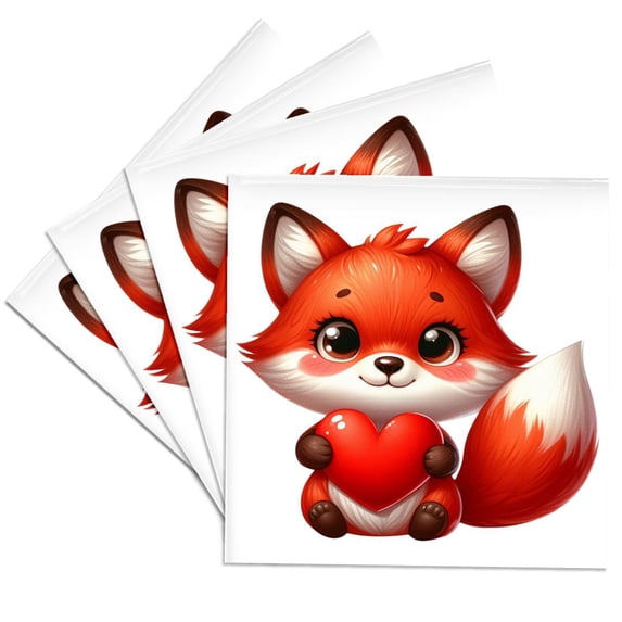 3drose, Cute Fox with a Heart Illustration, Set of 4 Ceramic Tile Coasters