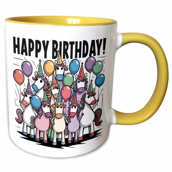 3drose, Cute Funny Assorted Unicorns and Balloons Happy Birthday Abstract, 11oz Two-tone Yellow Mug