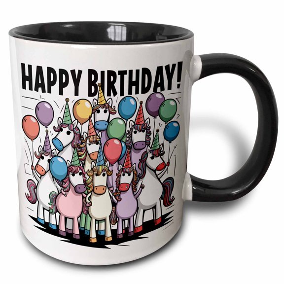 3drose, Cute Funny Assorted Unicorns and Balloons Happy Birthday Abstract, 15oz Two-tone Black Mug