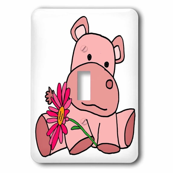 3dRose, Cute Funny Baby Pink Hippo with Pink Daisy Flower Cartoon, single toggle switch