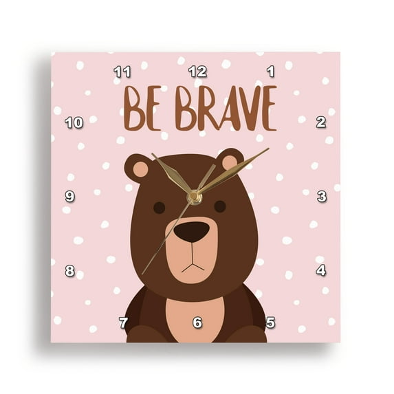 3dRose, Cute Funny Baby Woodland Bear Typography On Pink Polkadots - Be Brave, 13x13 Wall Clock