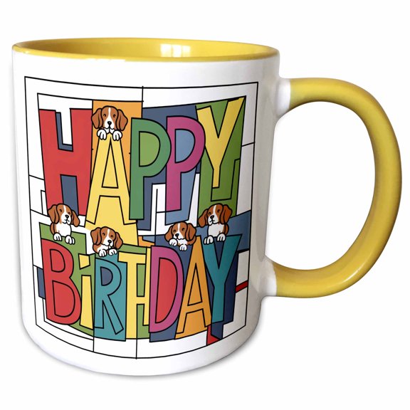 3drose, Cute Funny Beagle Hound Dogs by Happy Birthday Abstract Art Text, 11oz Two-tone Yellow Mug