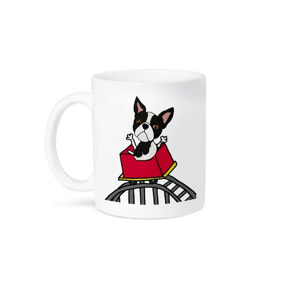 3drose, Cute Funny Boston Terrier Dog Riding Roller Coaster Cartoon, 11oz Mug