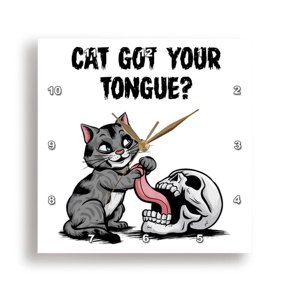 3dRose, Cute Funny Cat Got Your Tongue Pun with Cat holding Skull Tongue, 15x15 Wall Clock