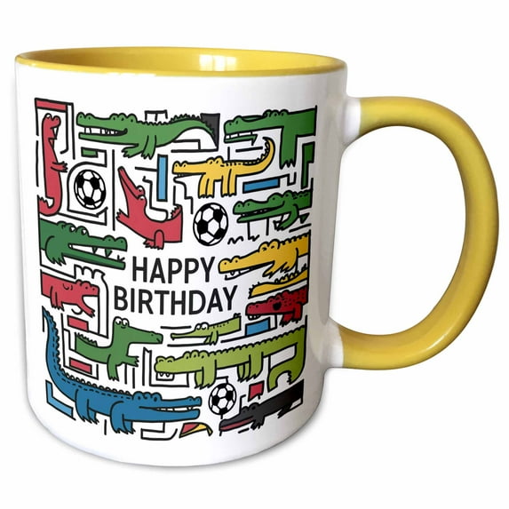 3drose, Cute Funny Colorful Alligator Pattern Abstract Art Happy Birthday, 11oz Two-tone Yellow Mug