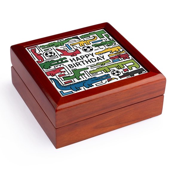 3dRose, Cute Funny Colorful Alligator Pattern Abstract Art Happy Birthday, Jewelry Box 5.5x5.5 inch with 4 inch tile