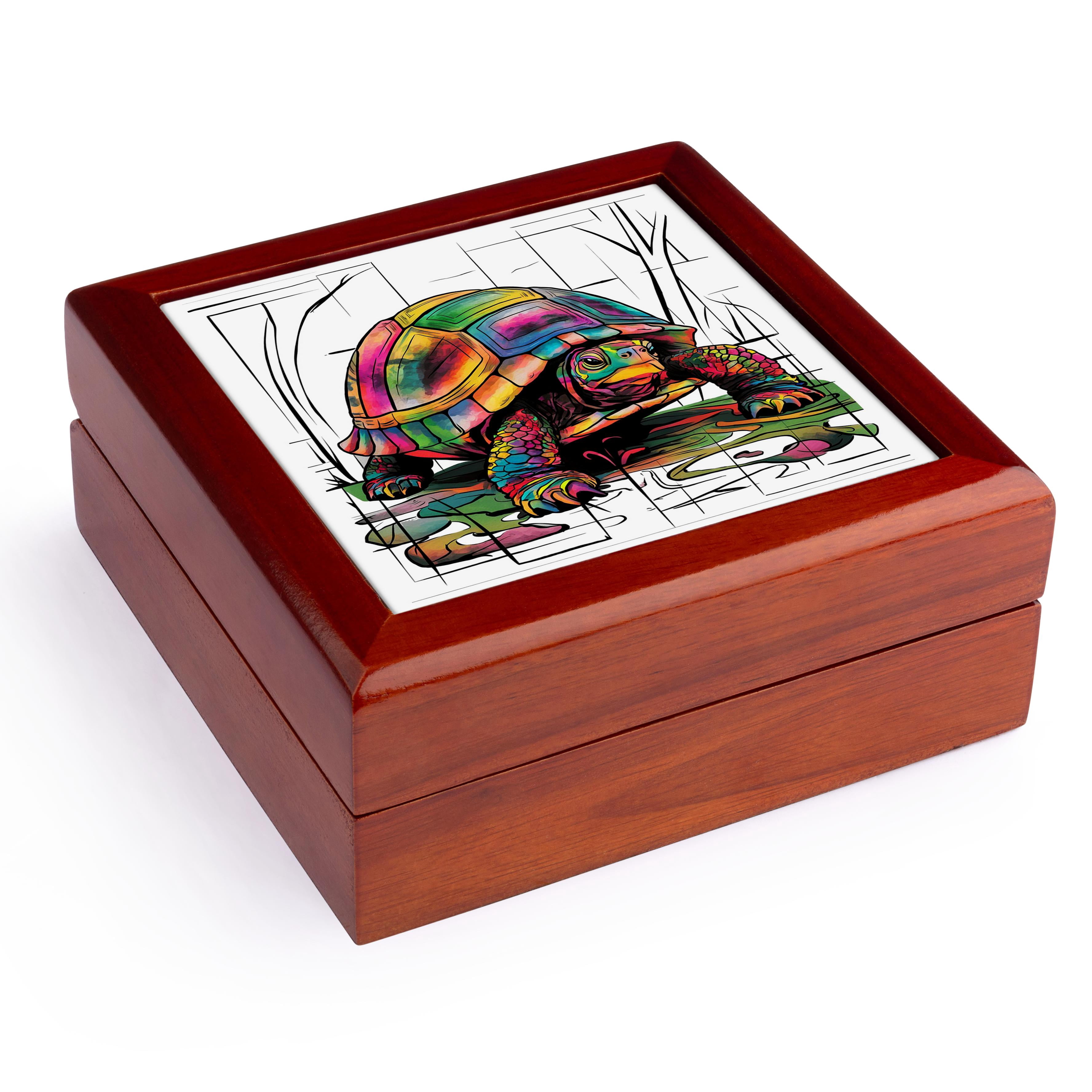 3dRose, Cute Funny Colorful Box Turtle Abstract Art Nature, Jewelry Box 5.5x5.5 inch with 4 inch tile