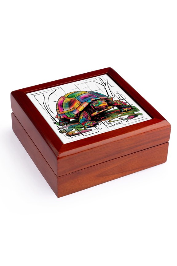 , Cute Funny Colorful Box Turtle Abstract Art Nature, Jewelry Box 5.5x5.5 inch with 4 inch tile