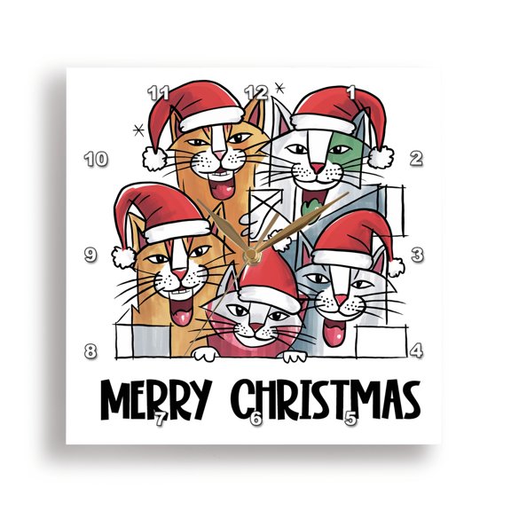 3dRose, Cute Funny Colorful Kitty Cats in Santa Hats Merry Christmas Abstract, 15x15 Wall Clock