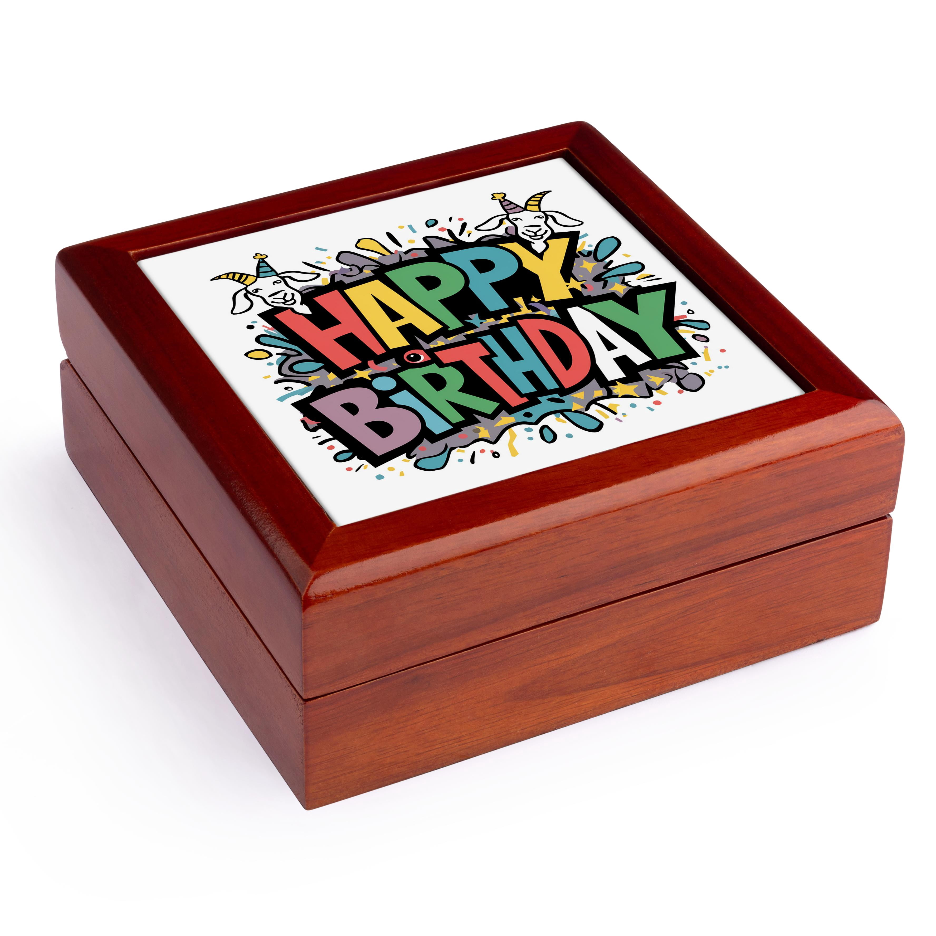 3dRose, Cute Funny Colorful Old Goats by Happy Birthday Abstract Art Text, Jewelry Box 5.5x5.5 inch with 4 inch tile