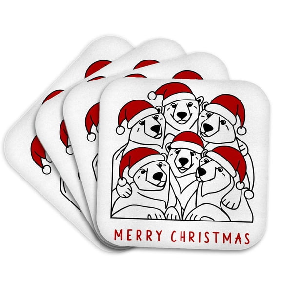 3drose, Cute Funny Colorful Polar Bears in Santa Hats Merry Christmas Abstract, Set of 4 Coasters - Soft