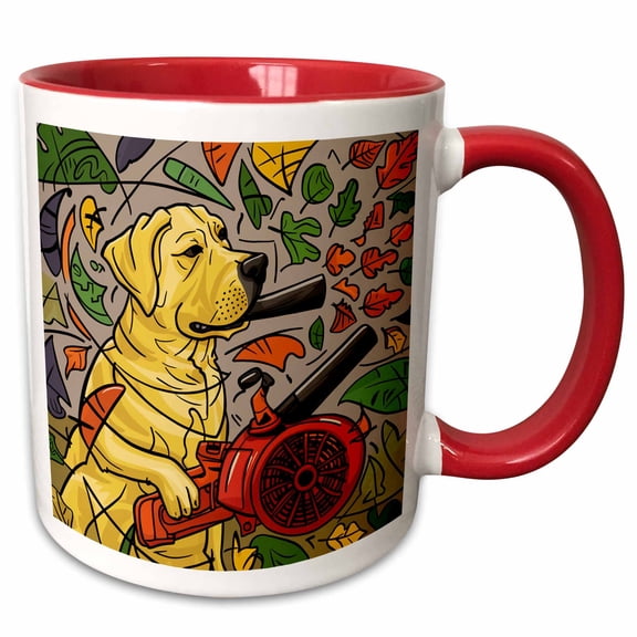 Cute Funny Colorful Yellow Lab Dog Using Leafblower Abstract Art, 15oz Two-Tone Red Mug