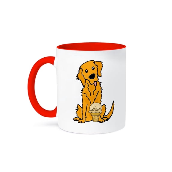 3dRose, Cute Funny Golden Retriever Puppy Dog eating Ice Cream, 15oz Two-Tone Red Mug