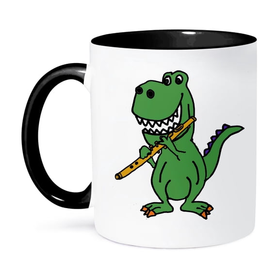 3dRose, Cute Funny Green T-rex Dinosaur Playing Flute Cartoon, 15oz Two-Tone Black Mug