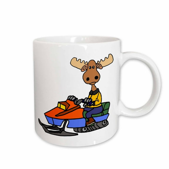3drose, Cute Funny Moose Driving Snowmobile Cartoon, 15oz Mug