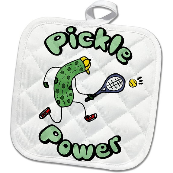 3dRose, Cute Funny Pickle Playing Pickleball Pickle Power Sports Cartoon, 8x8 Potholder