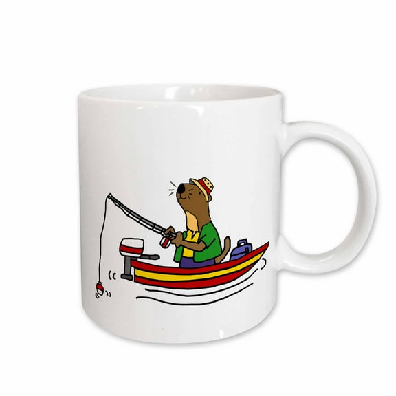 3drose, Cute Funny Sea Otter Fishing in Fishing Boat Cartoon, 11oz Mug