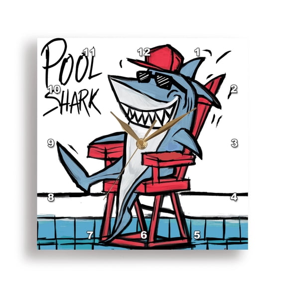3dRose, Cute Funny Shark Pool Lifeguard Pool Shark Pun Beach Cartoon, 15x15 Wall Clock