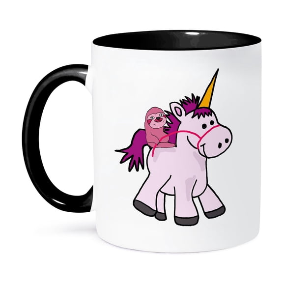 3dRose, Cute Funny Sloth Riding Baby unicorn cartoon, 11oz Two-Tone Black Mug