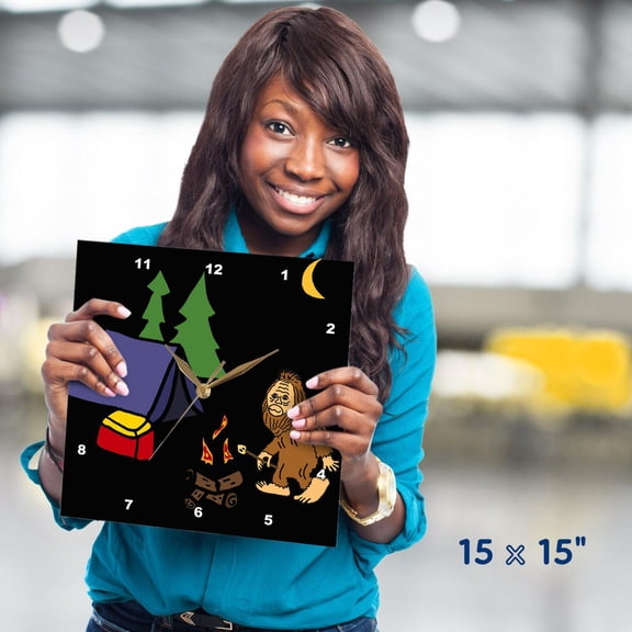 3dRose, Cute Funny Unique Bigfoot Camping Cartoon, 15x15 Wall Clock