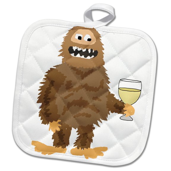 3dRose, Cute Funny Unique Bigfoot or Sasquatch Drinking Wine, 8x8 Potholder