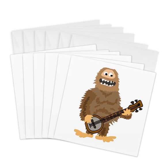 3drose, Cute Funny Unique Bigfoot or Sasquatch Playing Banjo Music, 6 Greeting Cards with Envelopes
