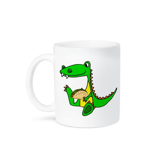 3dRose, Cute Funny Unique Sitting baby Alligator eating Taco Cartoon, 15oz Mug