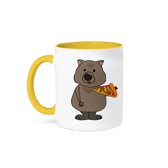 3dRose, Cute Funny Wombat eating Pizza Slice Food Cartoon, 11oz Two-Tone Yellow Mug