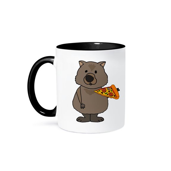 3dRose, Cute Funny Wombat eating Pizza Slice Food Cartoon, 15oz Two-Tone Black Mug