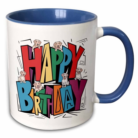 3drose, Cute Funny Yellow Labrador Dogs by Happy Birthday Abstract Art Text, 15oz Two-tone Blue Mug