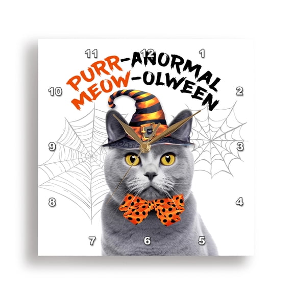 3dRose, Cute Gray Chartreux Cat in a Wizard Hat for Halloween, 10x10 Wall Clock