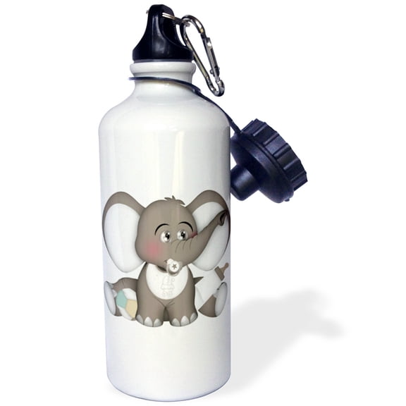 3dRose Cute Gray and White Baby Elephant With A Pacifier, Bib, and Bottle - Water Bottle, 21-ounce