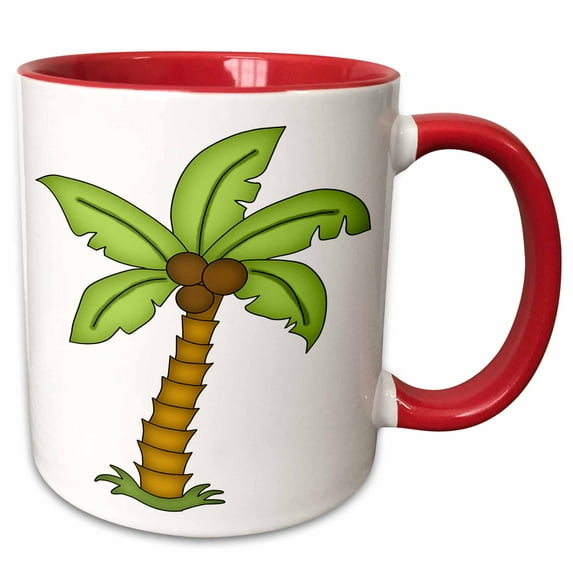 3drose, Cute Green Palm Tree with Coconuts Illustration, 11oz Two-tone Red Mug