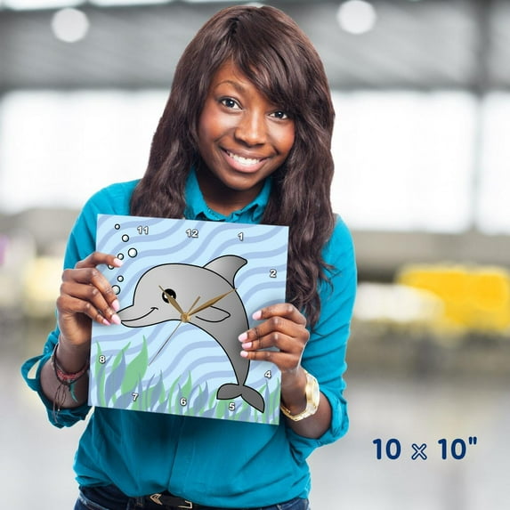3dRose, Cute Grey Dolphin Blue Ocean, 10x10 Wall Clock