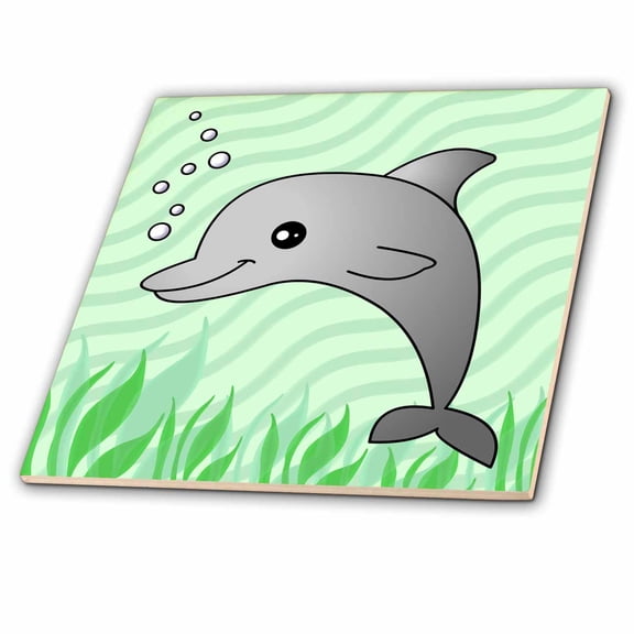 3dRose, Cute Grey Dolphin Green Ocean, 6 Inch Ceramic Tile