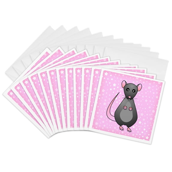 3drose, Cute Grey Rat Pink Star Background, 12 Greeting Cards with Envelopes