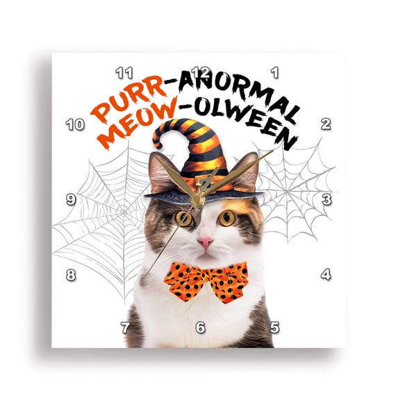 3dRose, Cute Halloween Calico Kitty Cat in a Witch Hat, 13x13 Wall Clock