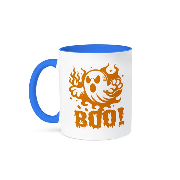 3dRose, Cute Halloween Ghost with Text in Orange, 11oz Two-Tone Blue Mug
