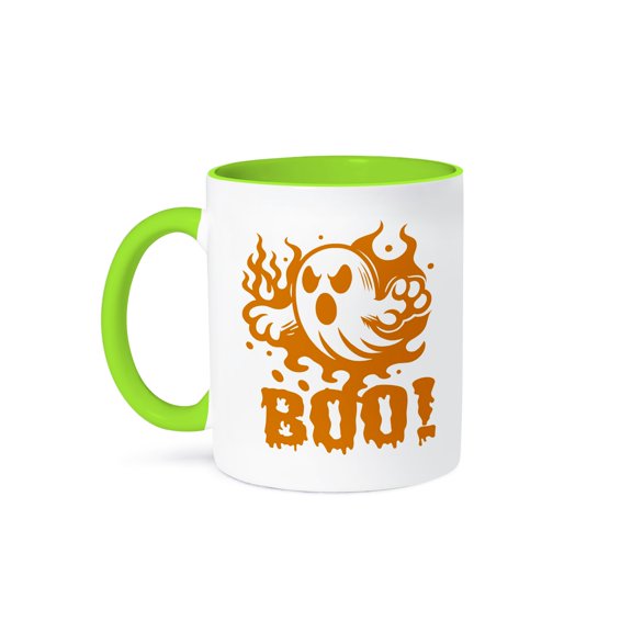 3dRose, Cute Halloween Ghost with Text in Orange, 11oz Two-Tone Green Mug