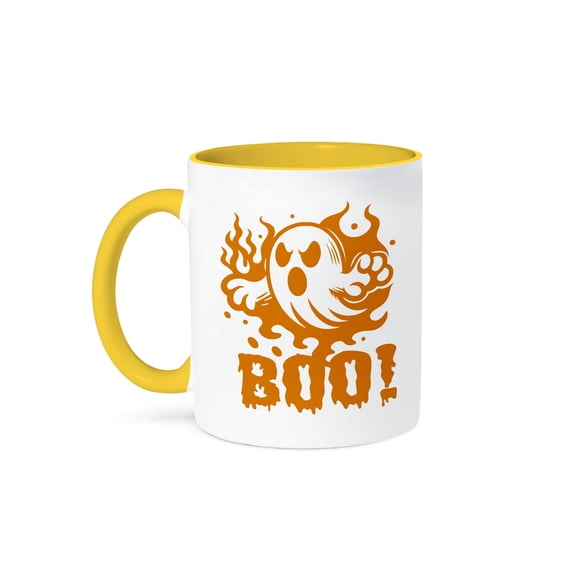 3dRose, Cute Halloween Ghost with Text in Orange, 11oz Two-Tone Yellow Mug