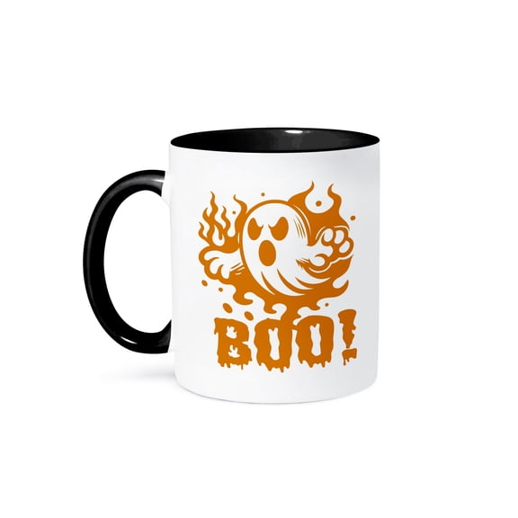 3dRose, Cute Halloween Ghost with Text in Orange, 15oz Two-Tone Black Mug