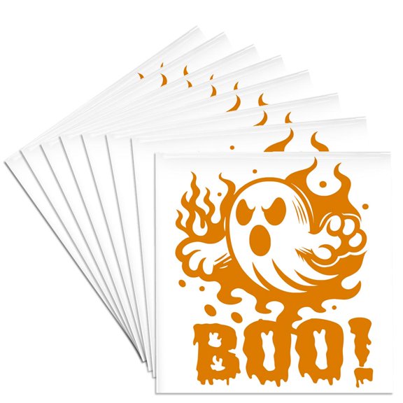 3dRose, Cute Halloween Ghost with Text in Orange, Set of 8 Ceramic Tile Coasters