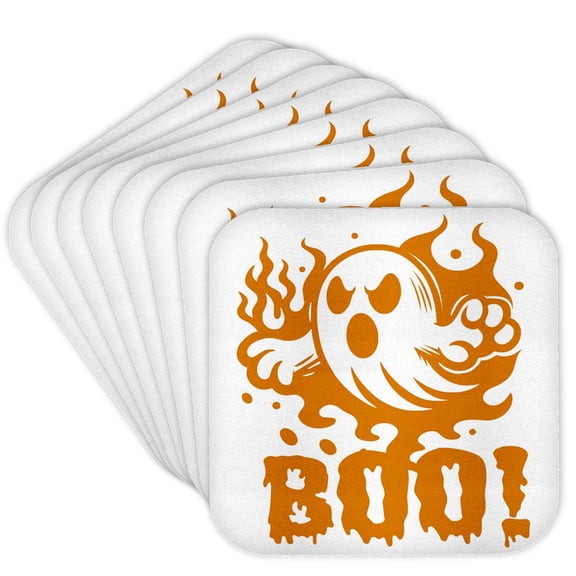 3dRose, Cute Halloween Ghost with Text in Orange, Set of 8 Coasters - Soft