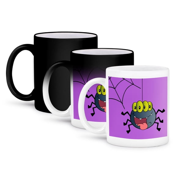 3dRose, Cute Happy Spider and Web On Purple For Halloween Or Everyday Spider Lovers Insect Bug Cartoon, 11oz Magic Transforming Mug