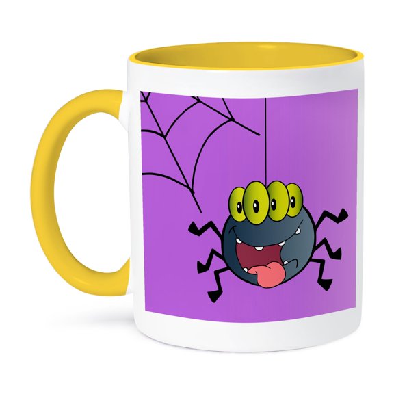 3dRose, Cute Happy Spider and Web On Purple For Halloween Or Everyday Spider Lovers Insect Bug Cartoon, 11oz Two-Tone Yellow Mug
