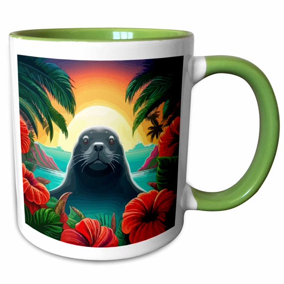 3drose, Cute Hawaiian Monk Seal with Hibiscus, 11oz Two-tone Green Mug